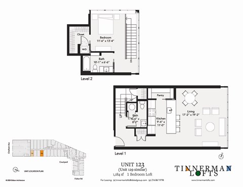 Floor plan for 1 bed, 1.5 baths, 1172 sqft